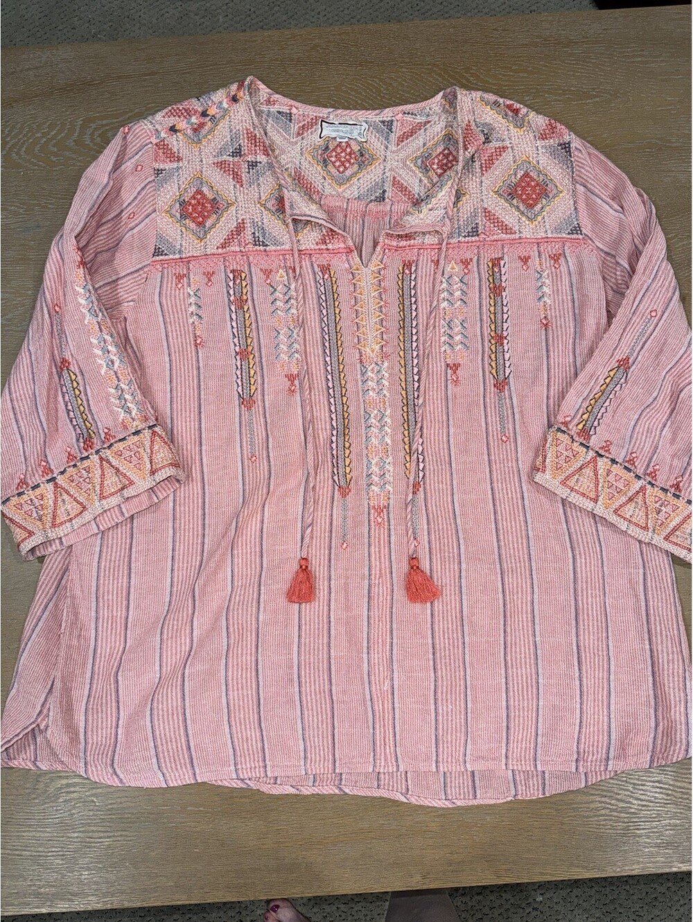Johnny Was Workshop Thora Nomad Embroidered Pink Boho Peasant Blouse Tunic XL